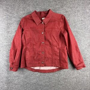Denim & Co. Jacket Womens Large Red Denim Jean Button Front Stretch Casual‎